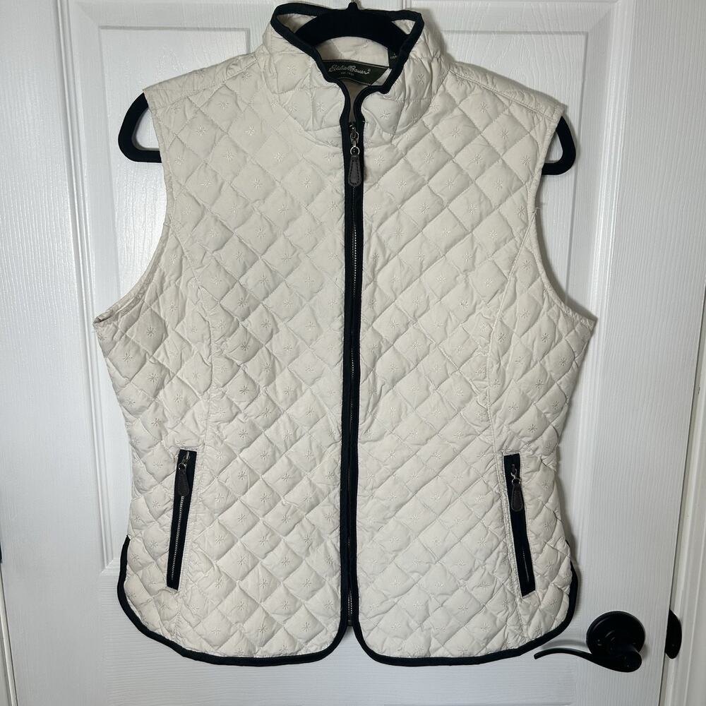 Eddie Bauer Women’s Large Goose Down Vest White Embroidered Snowflakes